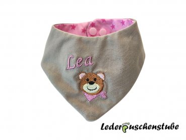 Wende-Halstuch Jersey steingrau, Namen orchidee und Bär mit Tuch orchidee, Baumwolle rosa Sterne pink , Druckknopf rosa-Lederpuschenstube